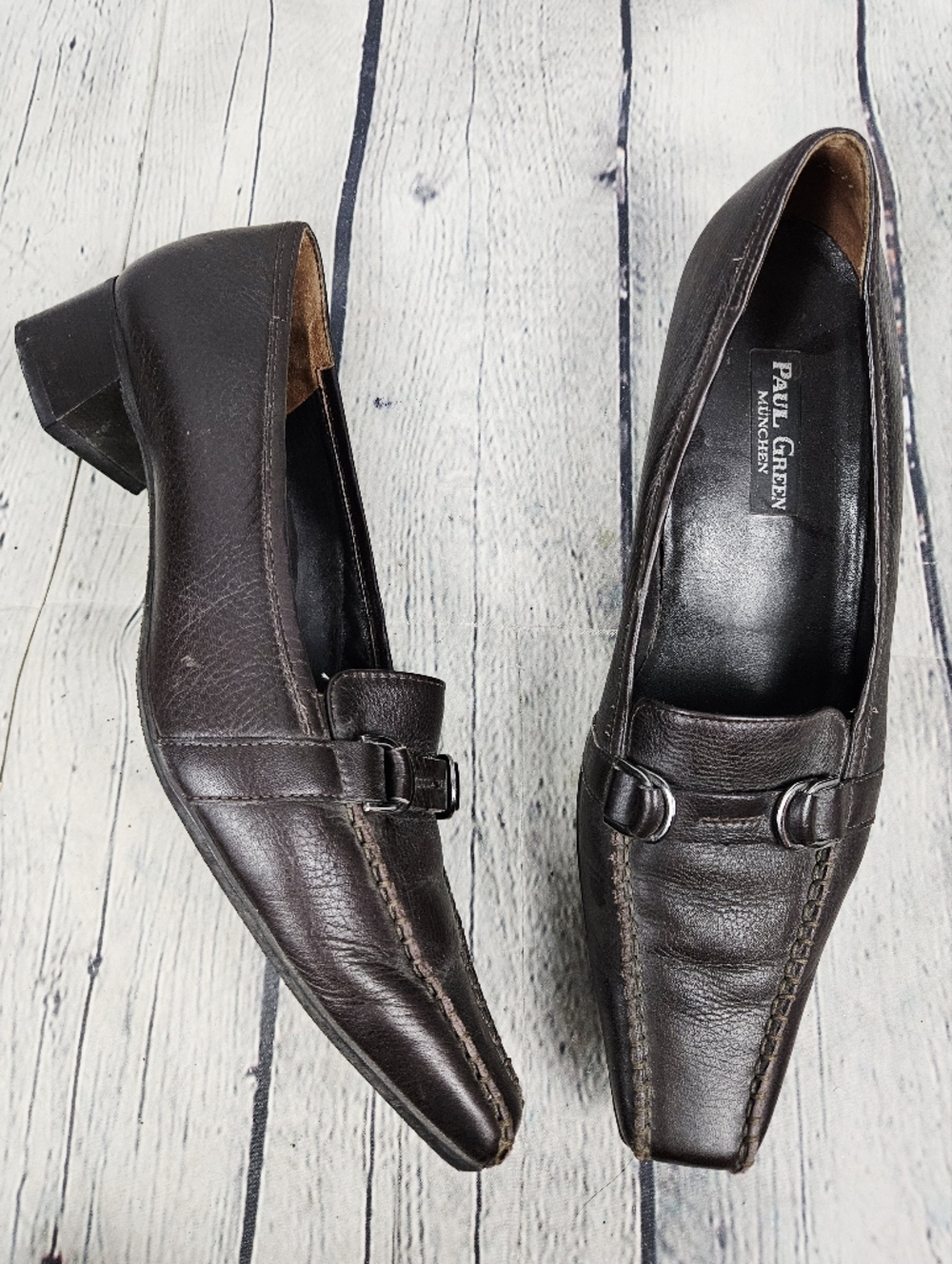 PAUL GREEN | vintage leather stitch detail snip toe heeled shoes